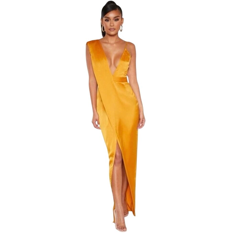 PrettyLittleThing Draped Maxi Dress 4 Mustard Gold Satin Elegant Party Cocktail